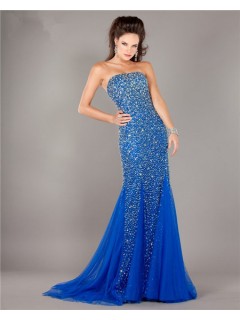 Mermaid Strapless Royal Blue Tulle Beaded Prom Dress With Train
