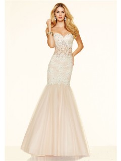 Mermaid Strapless Sweetheart See Through Champagne Tulle Lace Beaded Prom Dress