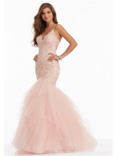 Mermaid Sweetheart Blush Pink Lace Tulle Layered Prom Dress With Spaghetti Straps