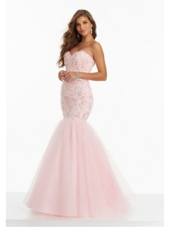 Mermaid Sweetheart Corset Back Light Pink Tulle Floral Beaded Prom Dress