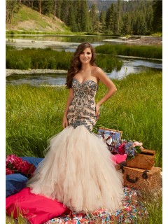 Mermaid Sweetheart Corset Champagne Tulle Ruffle Beaded Prom Dress With Spaghetti Straps