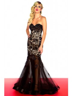 Mermaid Sweetheart Long Black Tulle Lace Beaded Occasion Evening Prom Dress