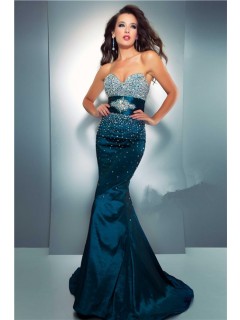 Mermaid Sweetheart Long Dark Navy Blue Taffeta Beaded Prom Dress With Belt