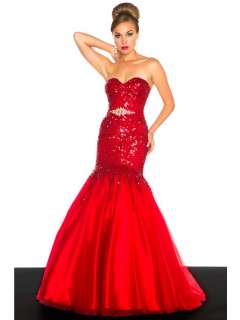 Mermaid Sweetheart Long Red Tulle Sequined Prom Dress With Beading Sash