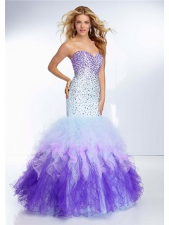 Mermaid Sweetheart Purple Blue Multi Color Tulle Ruffle Prom Dress Ombre Beading