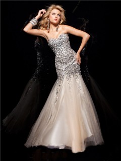 Mermaid/ Trumpet Sweetheart Long Silver Sequins Champagne Tulle Prom Dress Beaded Crystals