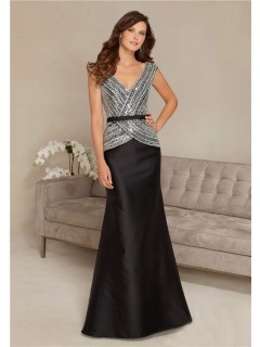 Mermaid V Neck Black Satin Beaded Mother Of The Bride Evening Dress With Sash