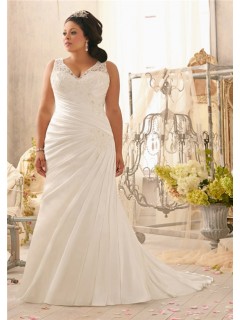 Mermaid V Neck Lace Satin Ruched Plus Size Wedding Dress With Buttons