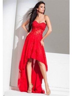 Modern High Low Strapless Red Tulle Lace Beaded Corset Homecoming Prom Dress