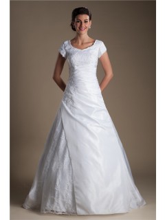 Modest A Line Cap Sleeve Corset Back Ruched Taffeta Lace Wedding Dress