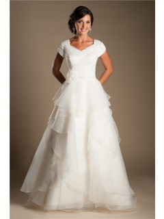 Modest A Line Cap Sleeve Organza Ruffle Layered Wedding Dress With Flower