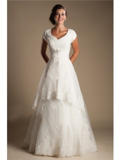 Modest A Line Cap Sleeve Tulle Lace Corset Wedding Dress