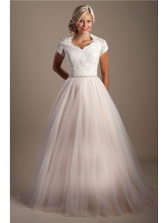 Modest A Line Queen Anne Neckline Tulle Lace Wedding Dress With Sleeves