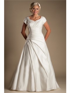 Modest A Line Sleeve Ivory Satin Draped Wedding Dress With Buttons Train
