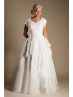 Modest A Line Sleeve Organza Ruffle Layered Wedding Dress With Sash