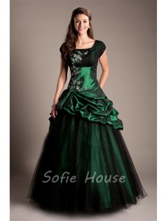 Modest Ball Gown Cap Sleeve Dark Green Taffeta Applique Beaded Prom Dress