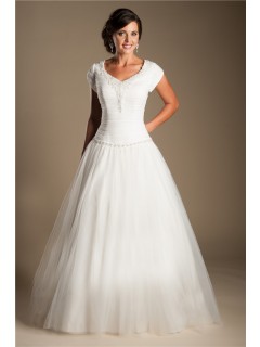 Modest Ball Gown Drop Waist Tulle Beaded Wedding Dress With Sleeves