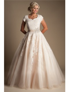 Modest Ball Gown Short Sleeve Champagne Colored Lace Wedding Dress With Sash