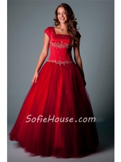 Modest Ball Gown Square Neck Cap Sleeve Red Satin Tulle Beaded Corset Prom Dress