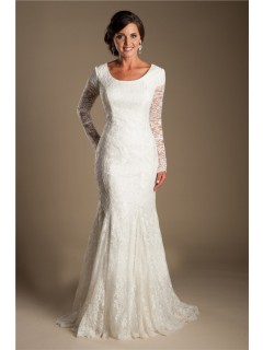 Modest Mermaid Scoop Neck Long Sleeve Lace Wedding Dress With Buttons