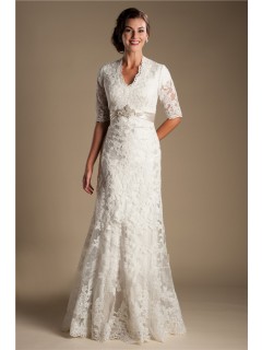 Modest Mermaid Short Sleeve Lace Wedding Dress With Crystals Belt