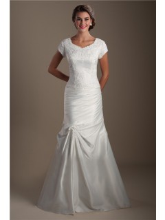 Modest Mermaid Taffeta Ruched Applique Wedding Dress With Sleeves