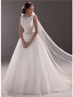 Modest Princess Ball Gown Bateau Neck Satin Tulle Wedding Dress With Crystal