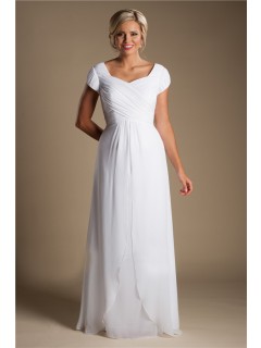 Modest Sheath Cap Sleeve White Chiffon Destination Beach Wedding Dress
