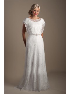 Modest Sheath Illusion Neckline Lace Sparkly Wedding Dress With Sleeves