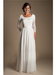 Modest Sheath Scoop Neck Long Lace Sleeve Chiffon Beach Garden Wedding Dress