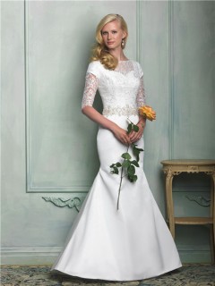 Modest Slim Mermaid Sweetheart Short Sleeve Beaded Lace Satin Wedding Dress With Buttons