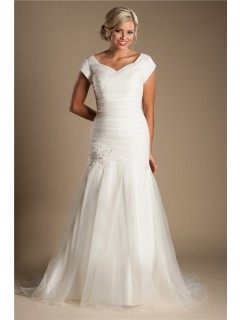 Modest Trumpet Mermaid Ruched Organza Wedding Dress With Sleeves