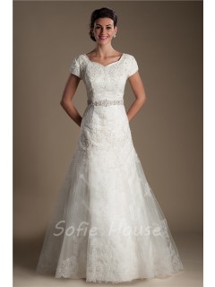 Modest Trumpet Sweetheart Sleeve Satin Lace Wedding Dress Detachable Crystals Sash