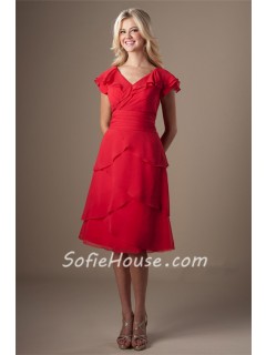 Modest V Neck Red Chiffon Layered Ruffles Short Party Bridesmaid Dress With Sleeves