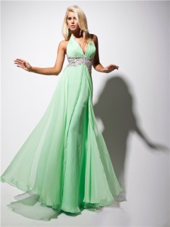 New Sexy Halter Floor Length Green Chiffon Evening Prom Dress With Applique Beading