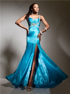 New Sweetheart Long Blue Silk Evening Prom Dress With Beading Straps Split