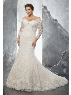 Off The Shoulder Three Quarter Sleeve Lace Plus Size Wedding Dress