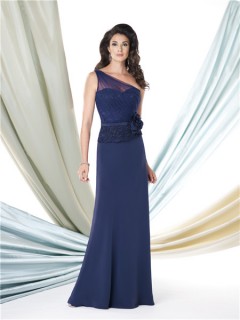 One Shoulder Navy Blue Lace Chiffon Mother Of The Bride Occasion Dress Belt Flower