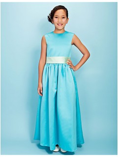 Pretty A line Long Blue Satin Junior Bridesmaid Dress With Sash