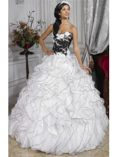 Pretty Ball Gown Black and White Organza Quinceanera Dress With Beading Ruffles