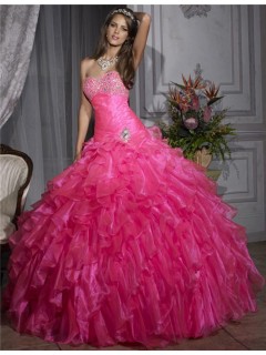 Pretty Ball Gown Hot Pink Organza Quinceanera Dress With Beading Ruffles