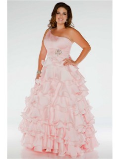 Pretty Ball Gown One Shoulder Long Blush Pink Silk Ruffles Plus Size Prom Dress 