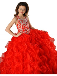 Pretty Halter Red Orange Organza Ruffle Crystal Beaded Girls Pageant Party Prom Dress