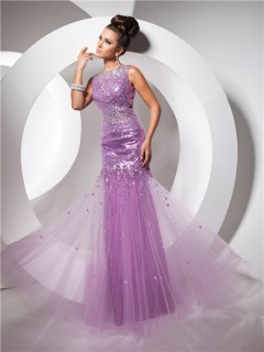 Pretty Sheath Backless Long Purple Lilac Sequined Tulle Prom Dress With Beaded Rhinestones
