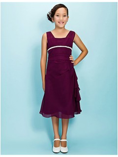 Pretty Sheath Straps Tea Length Long Purple Chiffon Junior Bridesmaid Dress