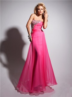 Pretty Strapless Long Hot Pink Chiffon Prom Dress With Beading