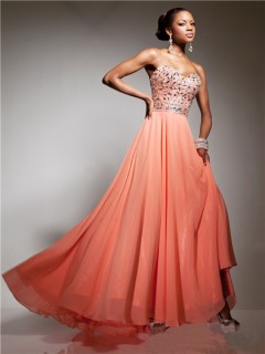 Pretty Sweetheart Long Coral Chiffon Beaded Crystals Party Prom Dress
