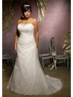 Princess A Line Strapless Lace Tulle Ruched Plus Size Wedding Dress Lace Up Back