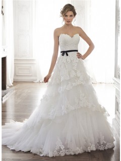 Princess A Line Strapless Tulle Lace Tiered Wedding Dress With Black Sash
