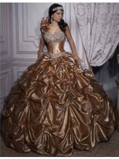 Princess Ball Gown Gold Taffeta Quinceanera Dress With Beading